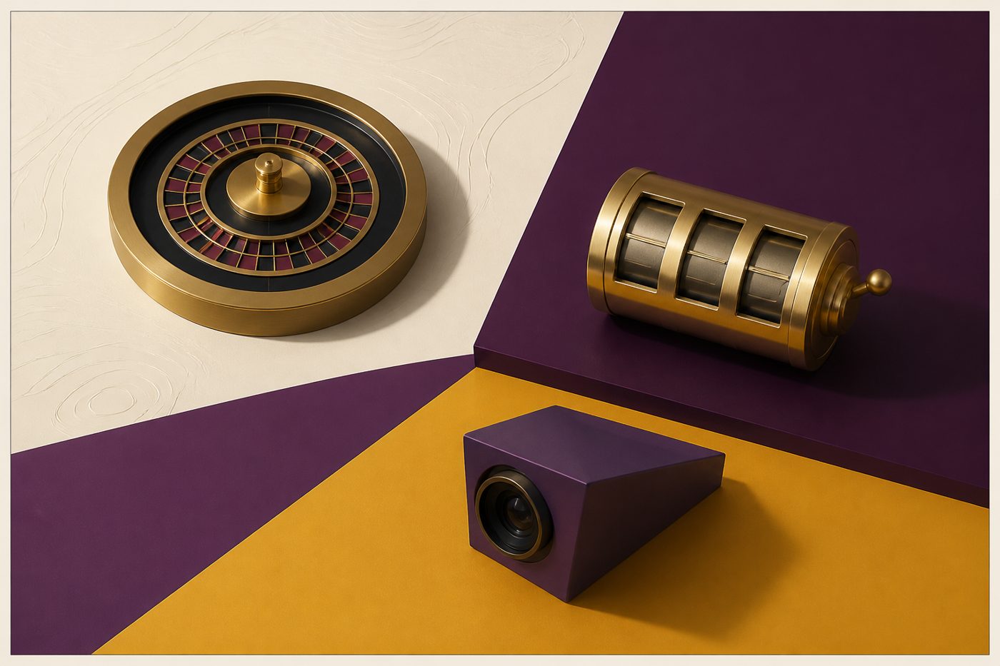 Abstract still life of a reel, a ring and a camera on offset colour blocks